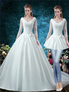 Two Pieces 3 4 Length Sleeve White Wedding Dresses Chapel Train Lace Up