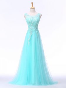 Scoop Sleeveless Going Out Dresses Brush Train Lace and Appliques Aqua Blue Chiffon