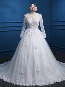 White Wedding Dresses Scoop Long Sleeves Court Train Zipper