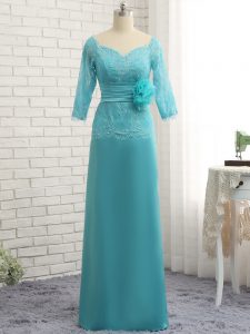 Edgy Aqua Blue Column/Sheath Sweetheart Long Sleeves Chiffon Floor Length Zipper Lace and Appliques and Ruching and Hand Made Flower Mother Dresses