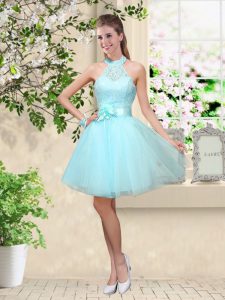 Aqua Blue A-line Tulle Halter Top Sleeveless Lace and Belt Knee Length Lace Up Dama Dress