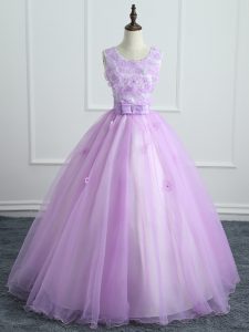 Lavender Ball Gowns Scoop Sleeveless Organza Floor Length Lace Up Lace and Appliques and Bowknot Quinceanera Gowns