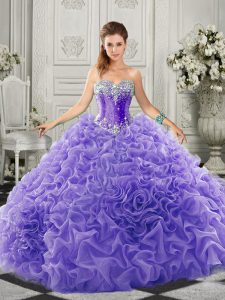 Superior Beading and Ruffles 15th Birthday Dress Lavender Lace Up Sleeveless Court Train