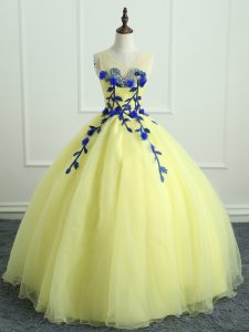 Colorful Light Yellow Organza Lace Up Scoop Sleeveless Floor Length 15th Birthday Dress Hand Made Flower