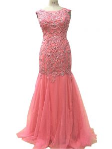 Suitable Watermelon Red Sleeveless Beading and Lace and Appliques Floor Length Evening Outfits