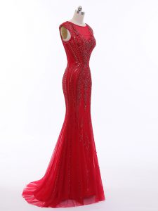 Trendy Sleeveless Tulle Brush Train Zipper Evening Wear in Red with Beading