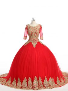 Half Sleeves Brush Train Lace and Appliques Zipper Quinceanera Dress