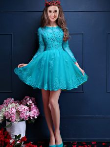 Aqua Blue Scalloped Neckline Beading and Lace and Appliques Quinceanera Dama Dress 3 4 Length Sleeve Lace Up
