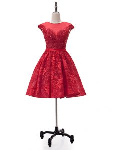 Beading and Appliques Homecoming Dress Red Lace Up Sleeveless Mini Length