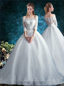 Latest White Half Sleeves Tulle Court Train Clasp Handle Wedding Gowns for Wedding Party