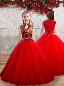 High Class Red Ball Gowns High-neck Sleeveless Tulle Floor Length Lace Up Appliques Child Pageant Dress