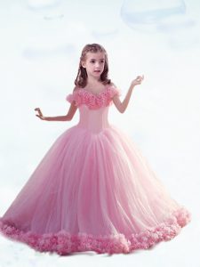 Stylish Sleeveless Hand Made Flower Lace Up Little Girl Pageant Dress with Baby Pink Court Train