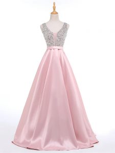 High Class Baby Pink A-line Beading Homecoming Dress Backless Elastic Woven Satin Sleeveless