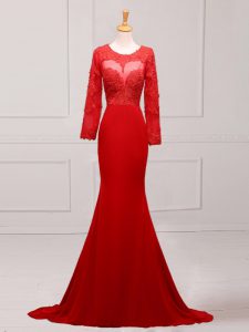 Red Scoop Neckline Lace and Appliques Mother of Groom Dress Long Sleeves Zipper