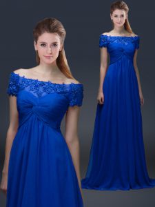 Blue Empire Chiffon Off The Shoulder Short Sleeves Appliques Floor Length Lace Up Mother Dresses