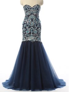 Most Popular Navy Blue Sweetheart Neckline Beading and Embroidery Prom Dresses Sleeveless Zipper