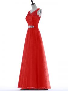 Tulle V-neck Sleeveless Zipper Beading and Lace Prom Dress in Red