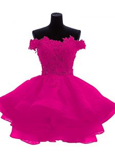 Beautiful Fuchsia A-line Organza Sweetheart Sleeveless Beading and Lace and Appliques and Ruffles Mini Length Zipper Cocktail Dresses