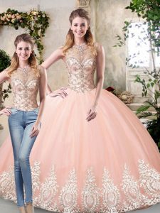 Artistic Peach Lace Up Scoop Beading and Lace and Appliques Quince Ball Gowns Tulle Sleeveless