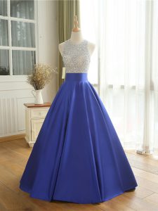 High End Floor Length Backless Prom Party Dress Blue for Prom and Military Ball with Beading