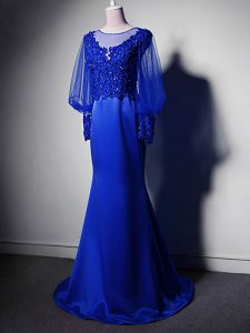 Royal Blue Clasp Handle Scoop Beading and Lace and Appliques Mother of Bride Dresses Elastic Woven Satin Long Sleeves Brush Train