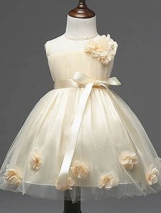 Sleeveless Knee Length Hand Made Flower Zipper Pageant Gowns For Girls with Champagne