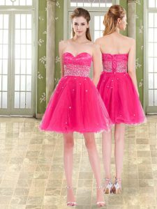 Hot Pink Sweetheart Neckline Beading and Ruffles Homecoming Gowns Sleeveless Lace Up