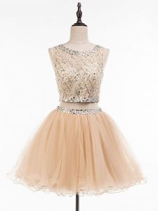 Tulle Scoop Sleeveless Side Zipper Beading Prom Evening Gown in Champagne