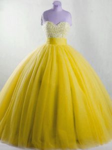 Cheap Yellow Ball Gowns Beading 15th Birthday Dress Lace Up Tulle Sleeveless Floor Length