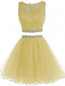 Sweetheart Sleeveless Cocktail Dress Mini Length Beading and Lace and Appliques Yellow Tulle