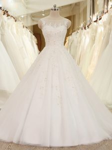 White Sleeveless Lace and Appliques Lace Up Wedding Dress