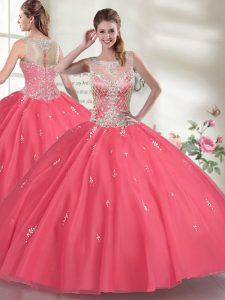 Hot Pink Organza Zipper Scoop Sleeveless Floor Length Quinceanera Gowns Beading