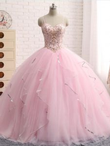 Ball Gowns Sleeveless Baby Pink Sweet 16 Quinceanera Dress Brush Train Lace Up