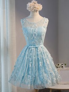 Light Blue Lace Up Scoop Lace and Appliques Cocktail Dresses Tulle Sleeveless