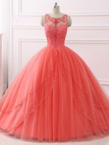 Noble Coral Red Sleeveless Beading and Lace Lace Up Sweet 16 Dress