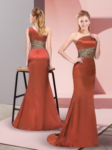 Colorful Elastic Woven Satin One Shoulder Sleeveless Side Zipper Pattern Runway Inspired Dress in Rust Red