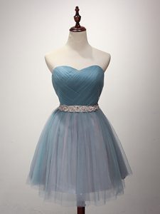 Mini Length Lace Up Wedding Party Dress Light Blue for Prom and Party and Sweet 16 with Beading and Ruching