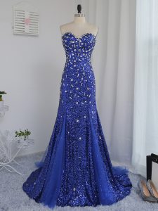 On Sale Sweetheart Sleeveless Brush Train Zipper Evening Dress Royal Blue Tulle and Sequined