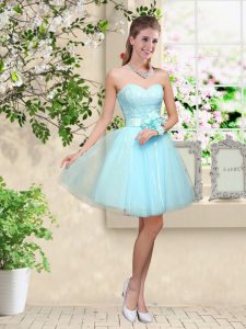 Aqua Blue Tulle Lace Up Court Dresses for Sweet 16 Sleeveless Knee Length Lace and Belt
