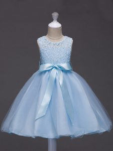 Discount Light Blue Tulle Zipper Flower Girl Dresses for Less Sleeveless Knee Length Lace and Belt