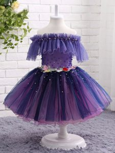 Smart Short Sleeves Knee Length Beading and Hand Made Flower Lace Up Toddler Flower Girl Dress with Purple