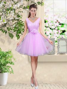 Hot Sale Lace and Belt Wedding Guest Dresses Lilac Lace Up Sleeveless Knee Length