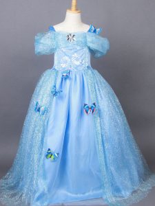 Dazzling Short Sleeves Floor Length Appliques Side Zipper Girls Pageant Dresses with Light Blue