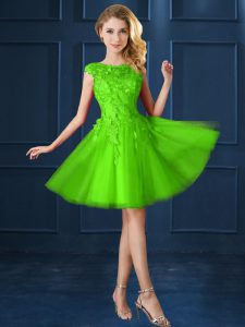 Lace Up Bateau Lace and Appliques Quinceanera Court Dresses Tulle Cap Sleeves
