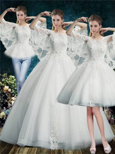 White Wedding Gowns Wedding Party with Lace Scoop Half Sleeves Lace Up