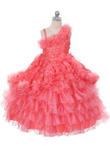 Classical Ball Gowns Girls Pageant Dresses Watermelon Red Asymmetric Organza Sleeveless Floor Length Lace Up