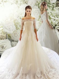Customized Off The Shoulder Half Sleeves Tulle Wedding Dress Lace Court Train Clasp Handle