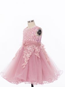 Knee Length Zipper Toddler Flower Girl Dress Pink for Wedding Party with Appliques and Hand Made Flower