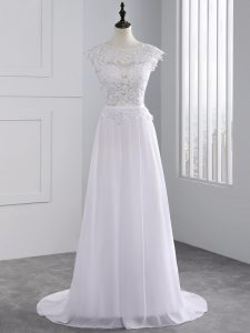 Scalloped Cap Sleeves Chiffon Wedding Gowns Lace Brush Train Backless