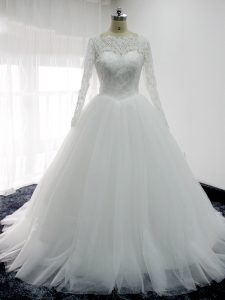 New Style White Wedding Dress Square Long Sleeves Brush Train Backless